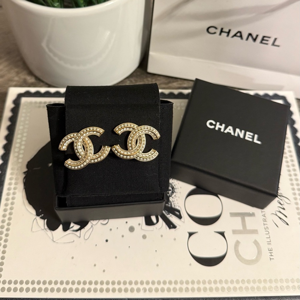 Chanel Large Gold Crystal Faux Pearl CC Clip On Statement Earrings